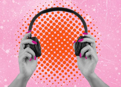 art,collage,of,modern,digital,pop,art.,headphones,in,hand