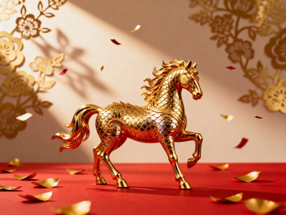 golden,fire,horse,statue,on,red,background,,luxury,chinese