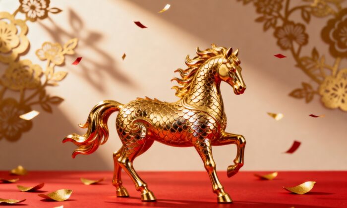 golden,fire,horse,statue,on,red,background,,luxury,chinese