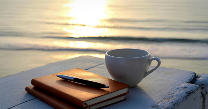 mug, journaling, beach
