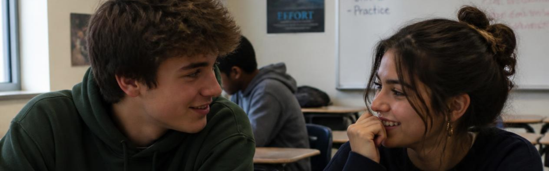 (1980 x 680 px)newsletter (12) Two students connecting naturally Two high-school students sitting together before class, talking or quietly laughing—not posed for the camera.
